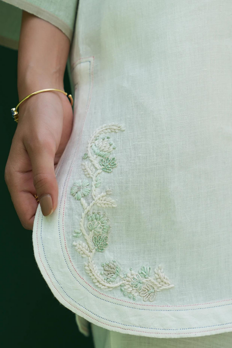 Insha Hand-Embroidered Kurta
- Ivory linen by Manan in ivory color for women in Singapore