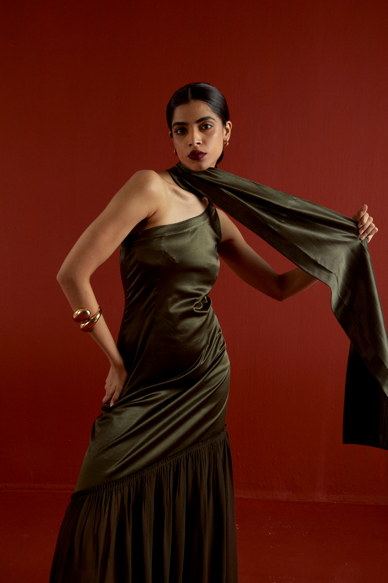 ONE SHOULDER DRESS-DARK OLIVE satin by THREE in olive color for women in Singapore