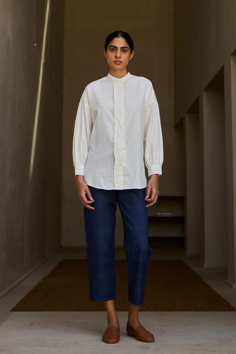 Ryuk Handwoven Embroidered Shirt cotton by The Summer House in white color for women in Singapore