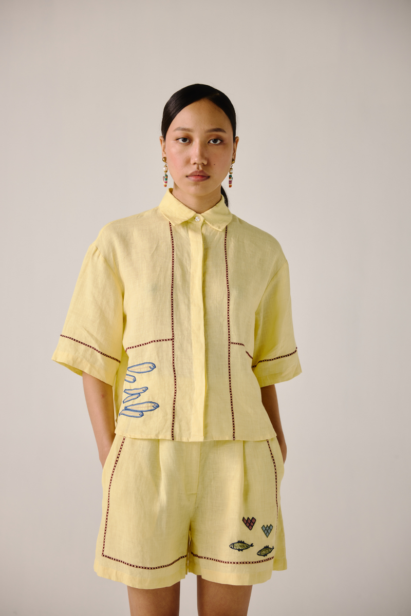 Leo Set - Butter Yellow Fish Embroidery linen by CORD in yellow for women in Singapore