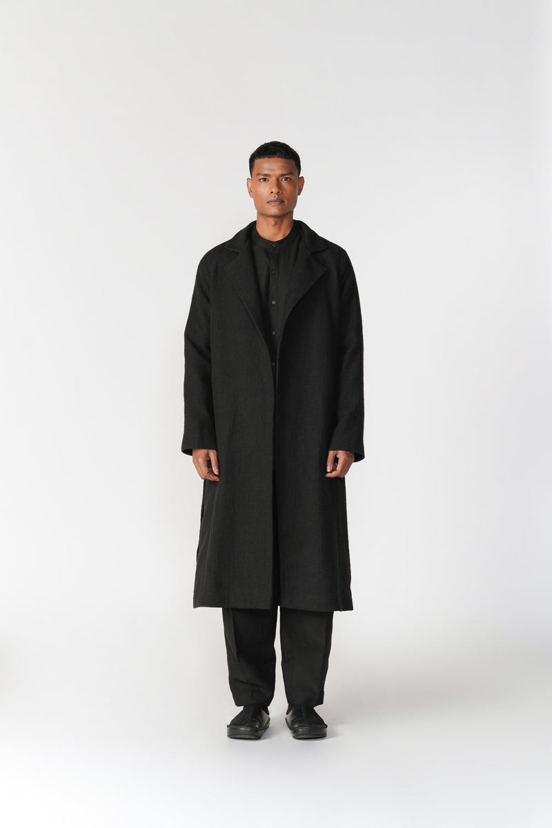 Chenille Notch Lapel Long Overcoat jacket/overlay by Turn Black in black for men in Singapore