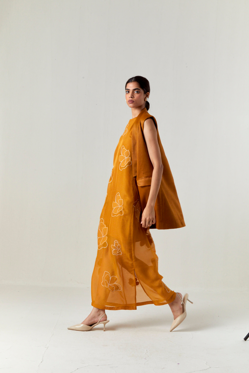 COLLARED WAIST COAT CO-ORD-OCHRE satin by THREE for women in Singapore