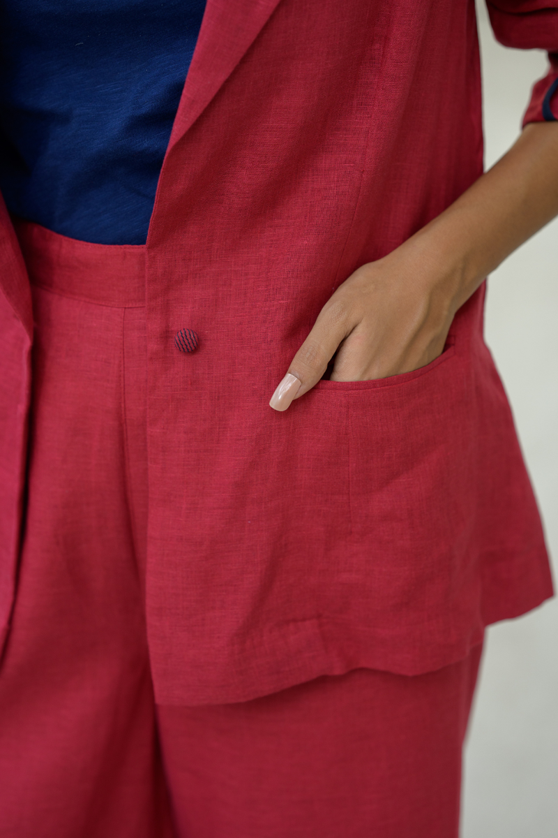 Crimson Sky Suit linen co-ord set by Zanzibar Living in crimson red for women in Singapore