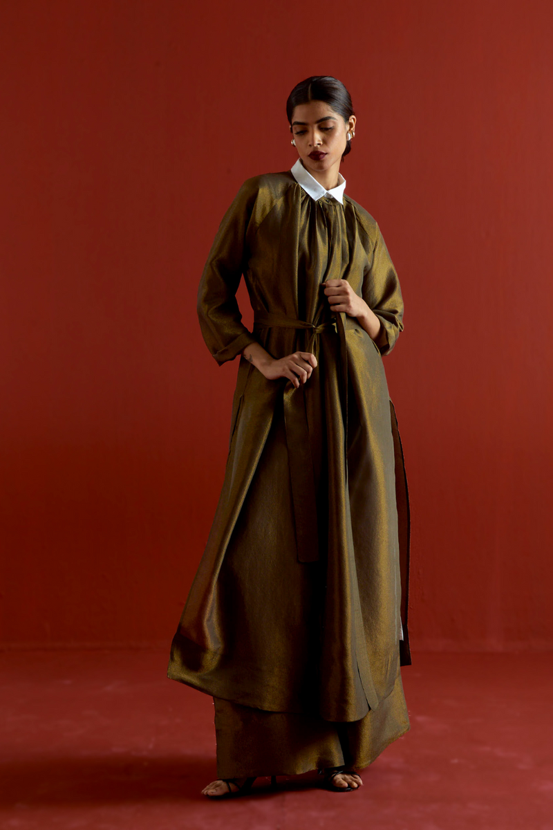 GATHER NECK SHIRT CO-ORD-OLIVE GOLD tissue by THREE in gold color for women in Singapore