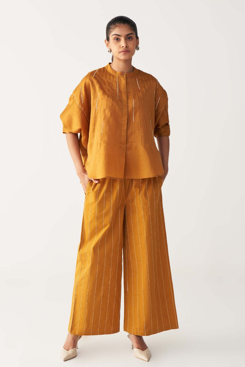 PINTUCK BAT SLEEVE TOP CO-ORD-MUSTARD chanderi by THREE in mustard color for women in Singapore