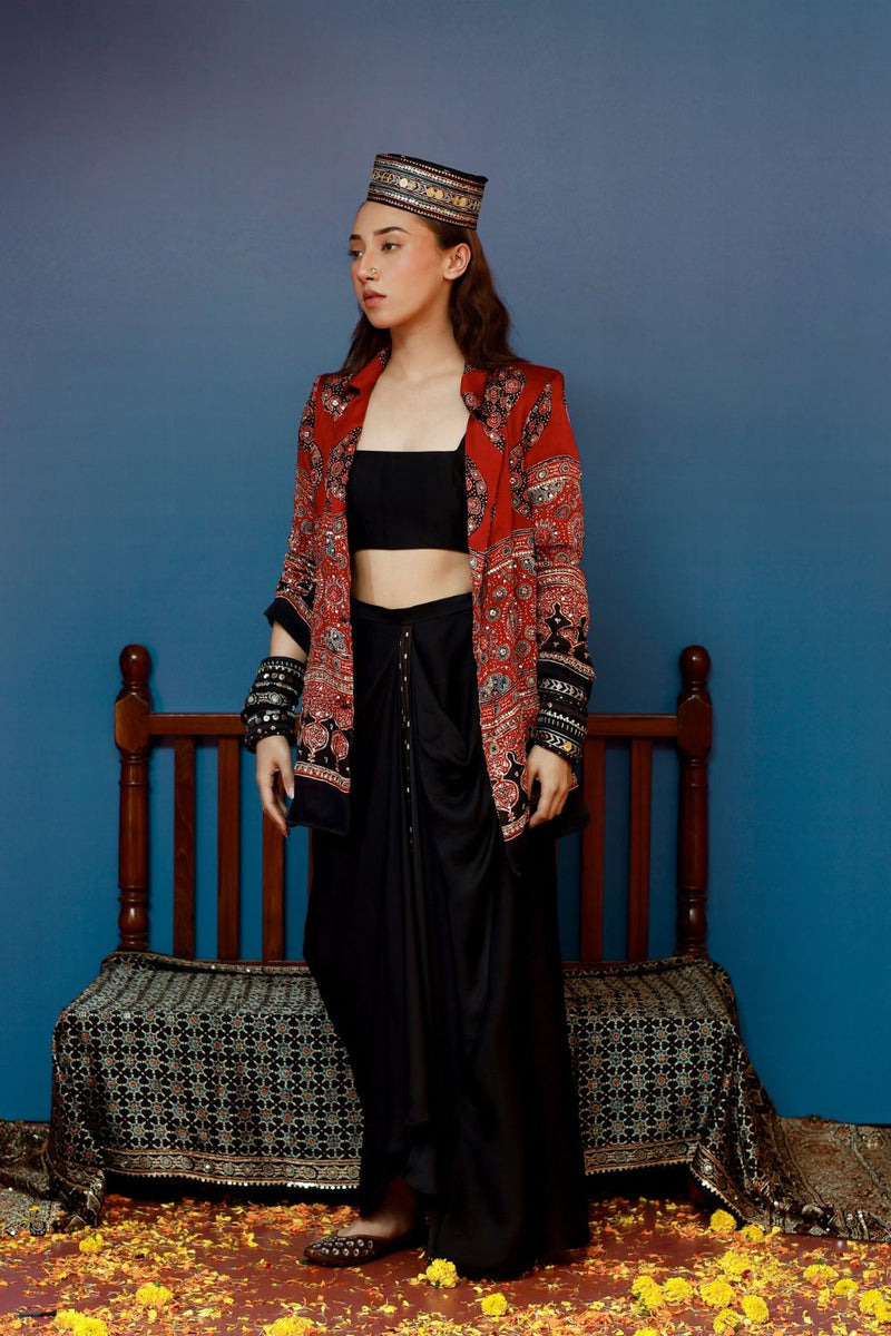 Baithak Red Ajrak Jacket Set