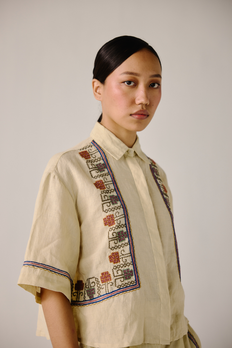 Leo Set - Ivory Cross Stitch Emb. linen by CORD in ivory for women in Singapore