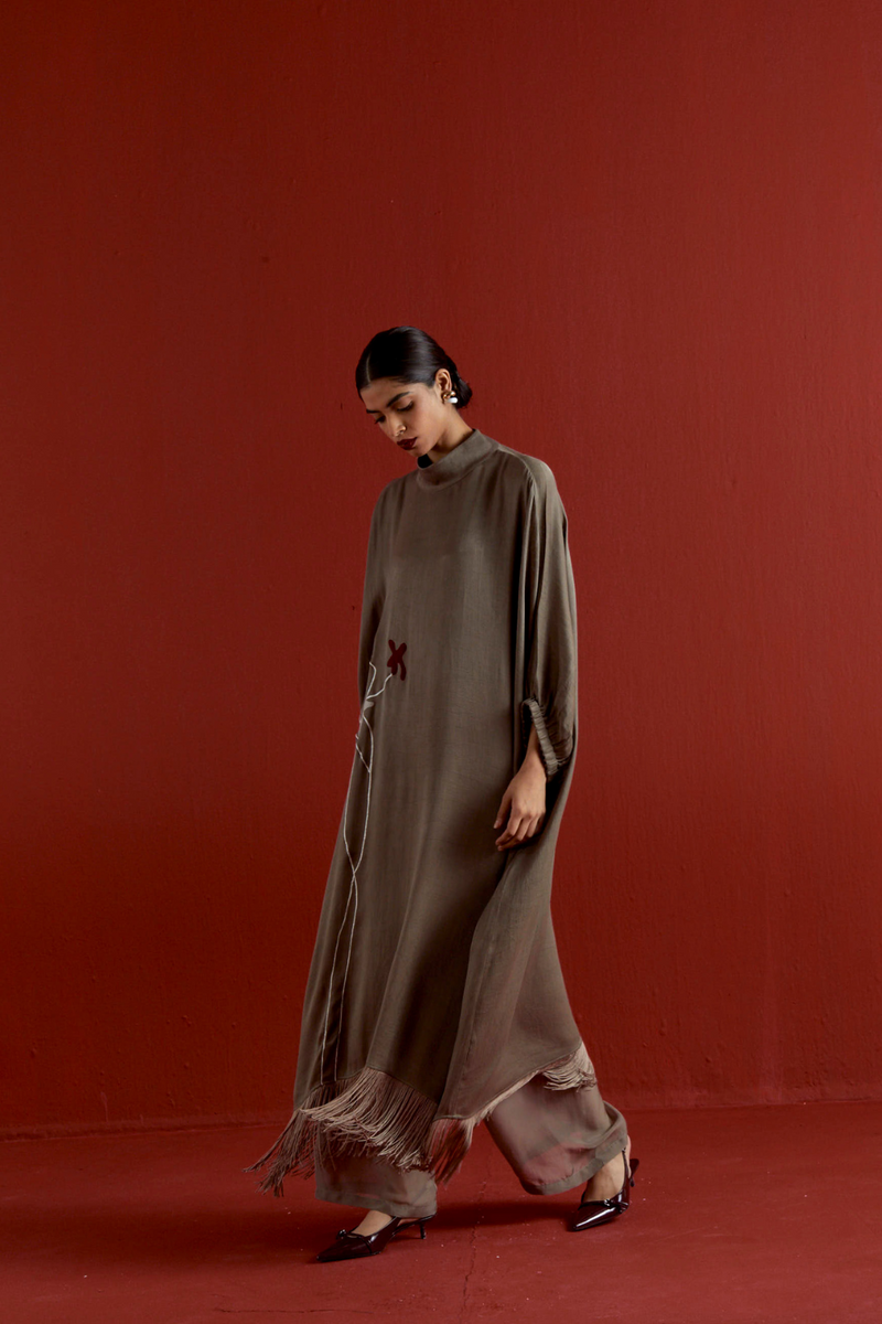 FLORAL FRINGE KAFTAN CO-ORD-CEDAR satin by THREE for women in Singapore