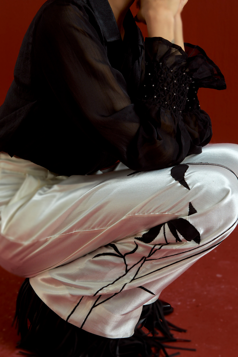 SMOCKING DETAIL SHIRT CO-ORD-BLACK organza by THREE in black color for women in Singapore
