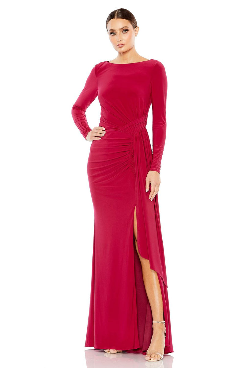 26714-Ruched Long Sleeve Cowl Neck Gown by Mac Duggal in pink color for women in Singapore