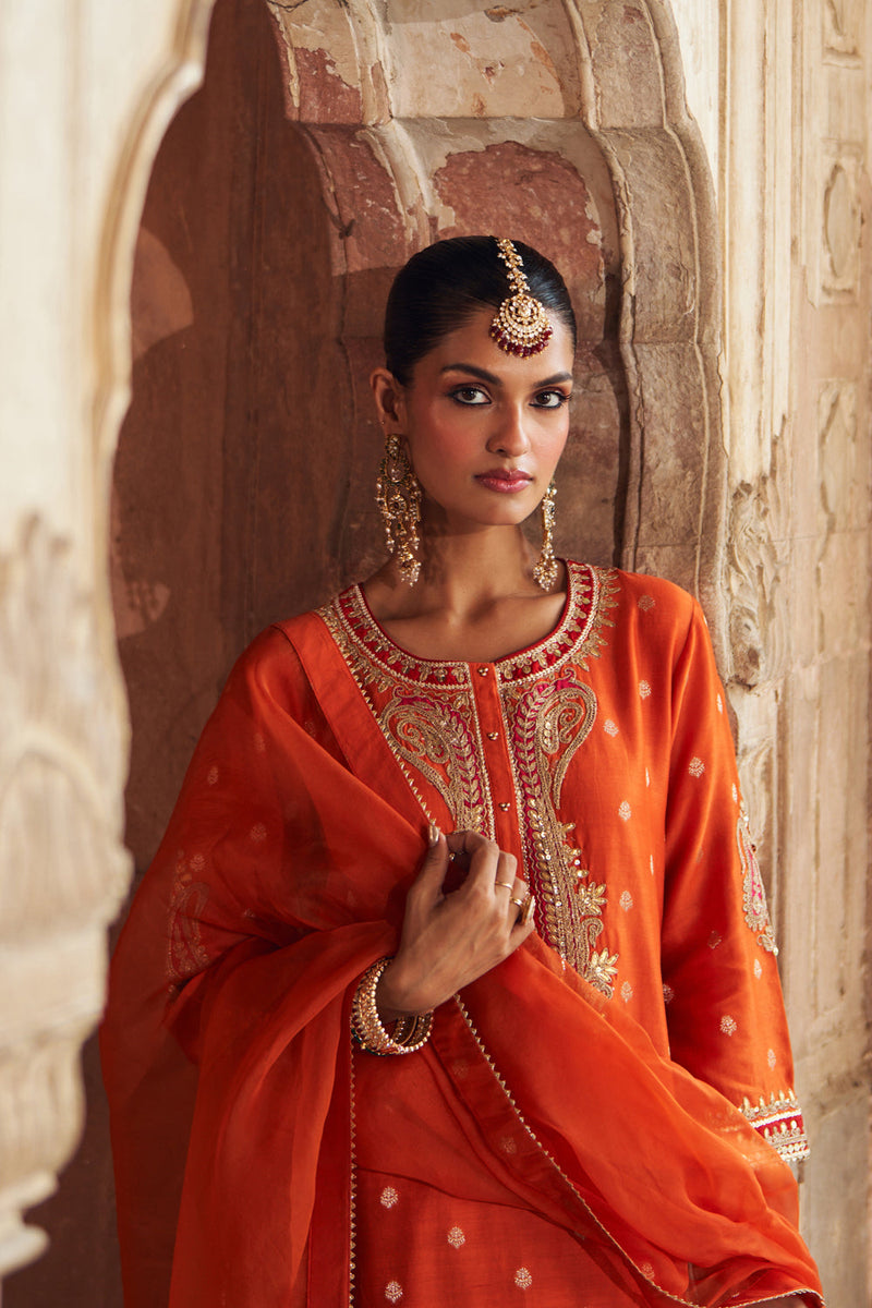 FAHMIDA - BURNT ORANGE SHORT KURTA WITH SALWAR chanderi silk kurta/kurta set by SHEETAL BATRA in orange for women in Singapore