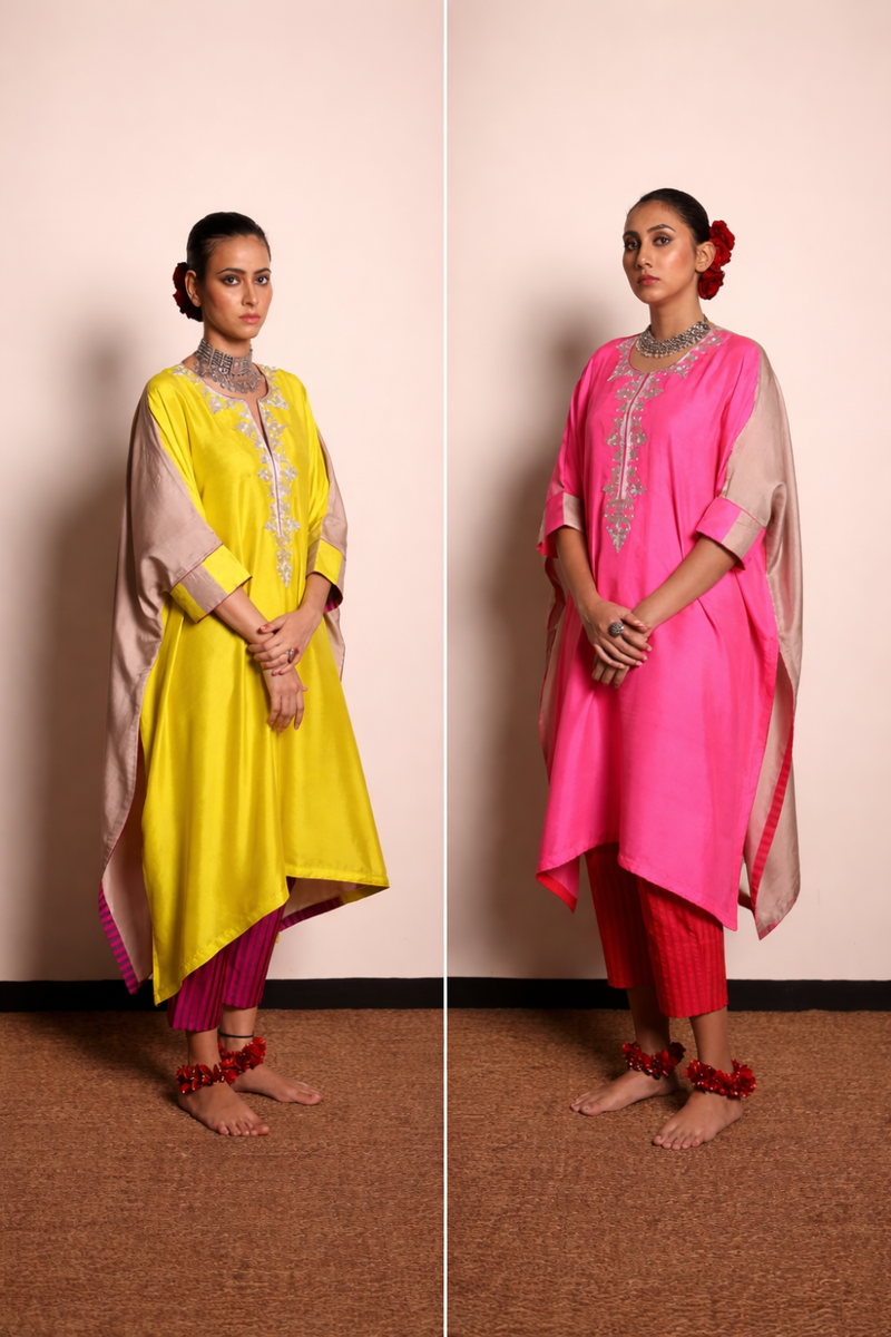1⁄2 & 1⁄2 Silk Kurta & Striped Silk Pant-Champainge Beige