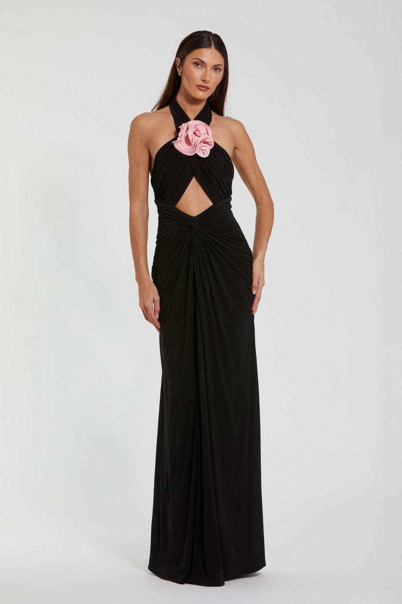 27572-Jersey Crossover Halter Neck Gown With 3D Flower by Mac Duggal in black color for women in Singapore