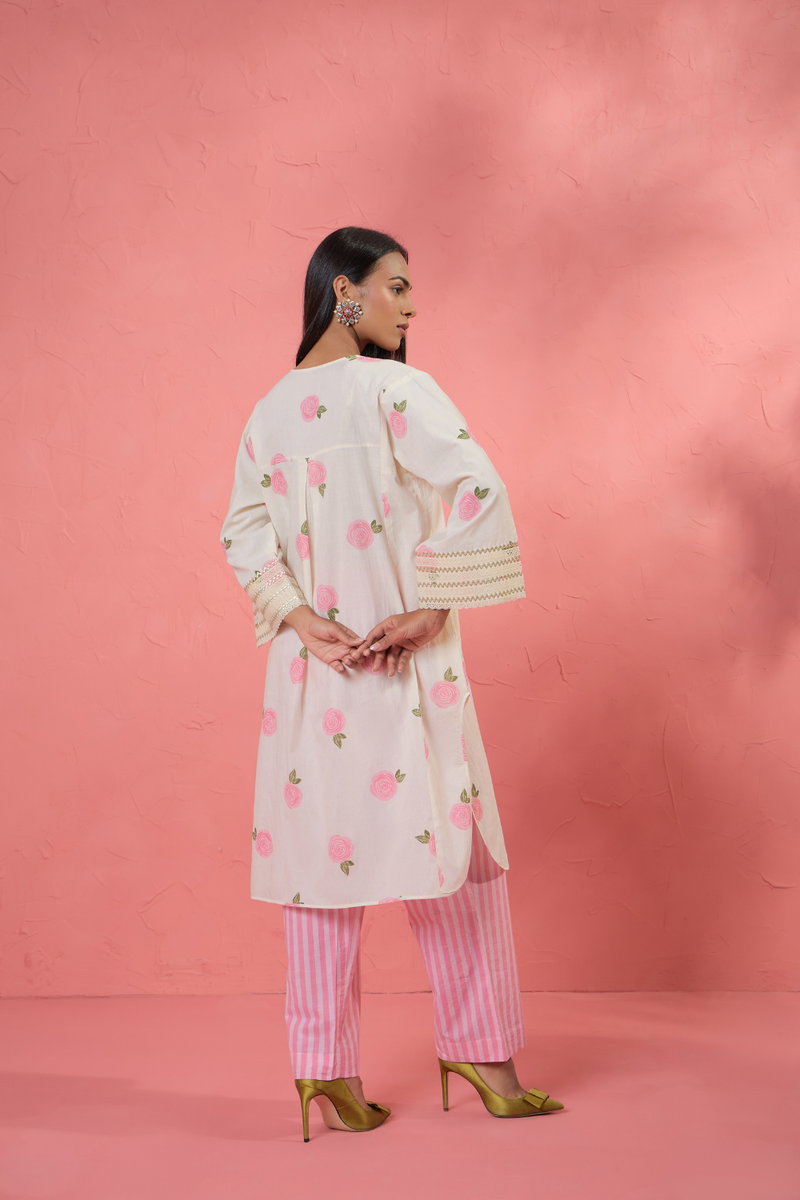 Gul Rose Set 3 cotton cambric light kurta set by AAVIDI in off white for women in Singapore
