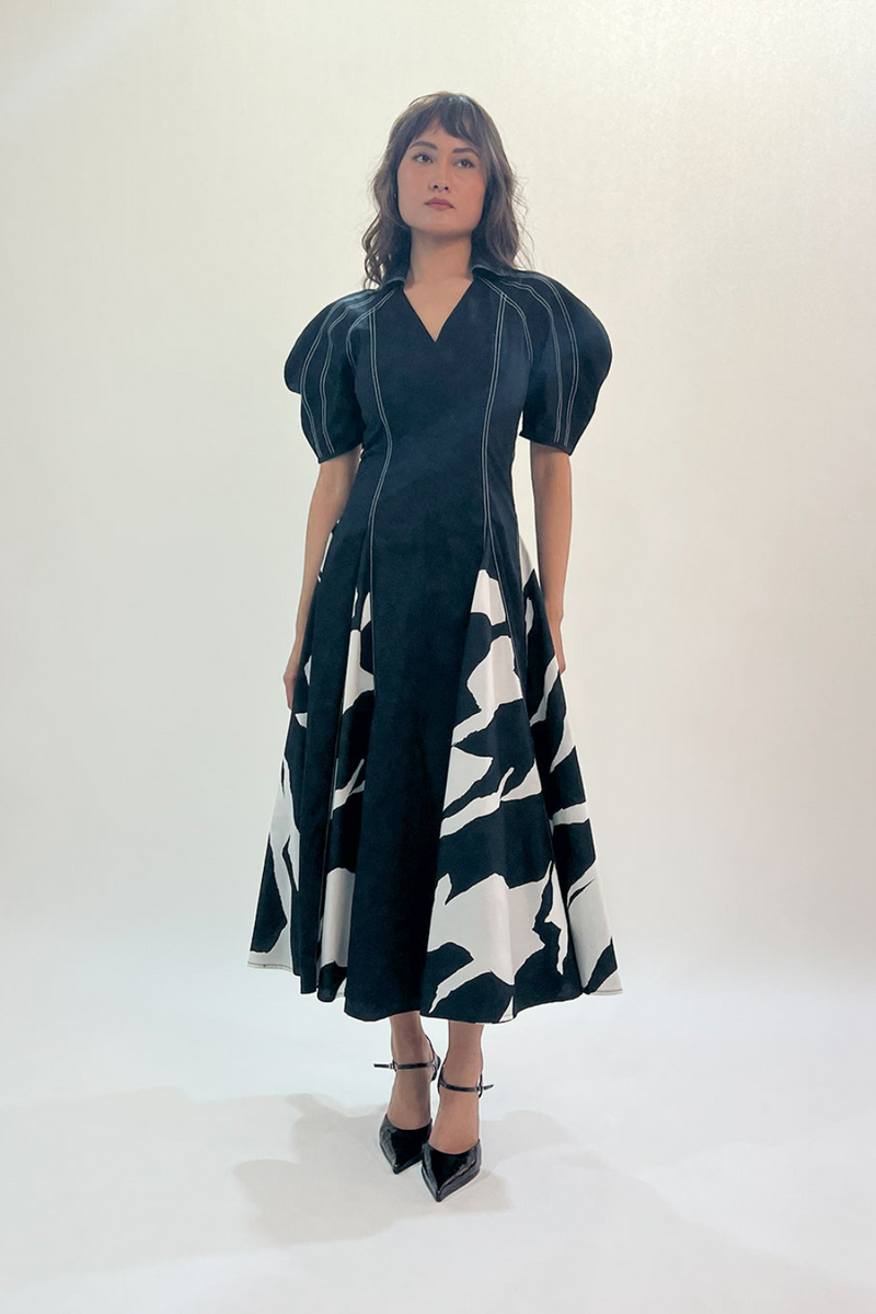 Stream Godet dress 100% cotton Buy Stream Godet dress from C&W | Dresses for Women by Leh Studios in black color for women in Singapore