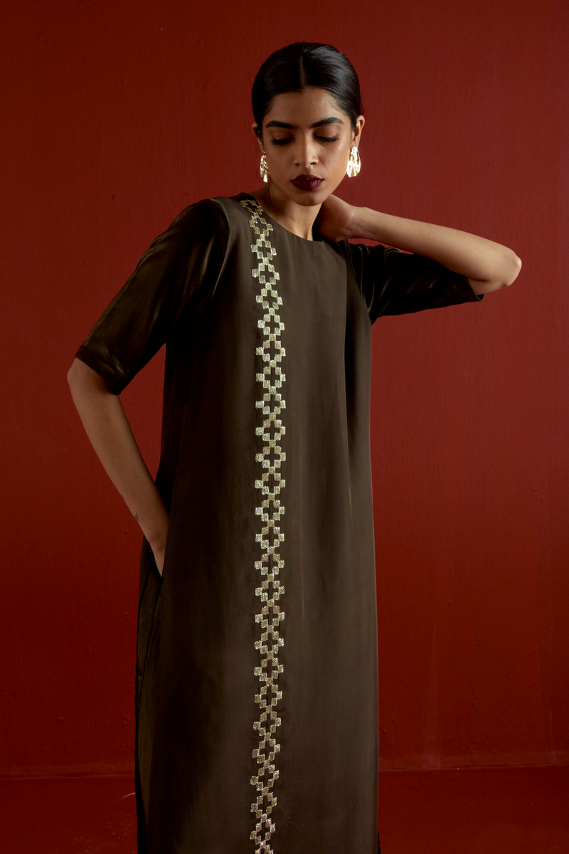 GOTA PATTI DETAIL DOUBLE LAYER DRESS-DARK OLIVE satin by THREE in olive color for women in Singapore