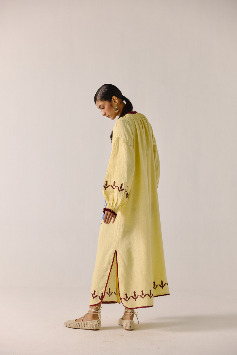 Chloe Dress - Butter Yellow Bird Applique linen by CORD in yellow for women in Singapore