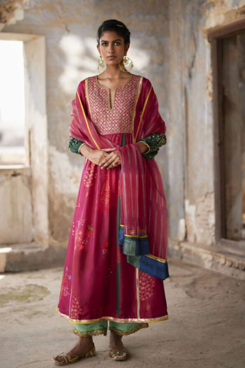 Nadira Magenta Front Puckering Kurta Set silk by Rajiramniq in pink color for women in Singapore