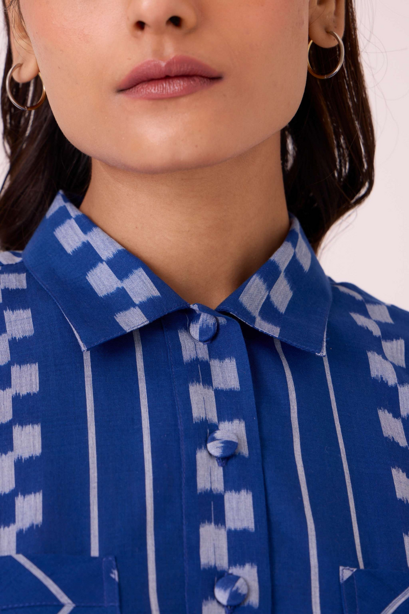 Alyosha Blue Striped Ikat Shirt cotton by The Summer House in blue color for women in Singapore
