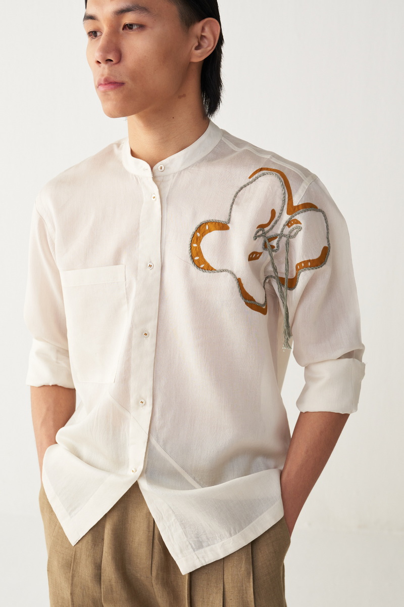 FLORAL ROPE EMB. SHIRT chanderi by THREE Men in ivory color for men in Singapore