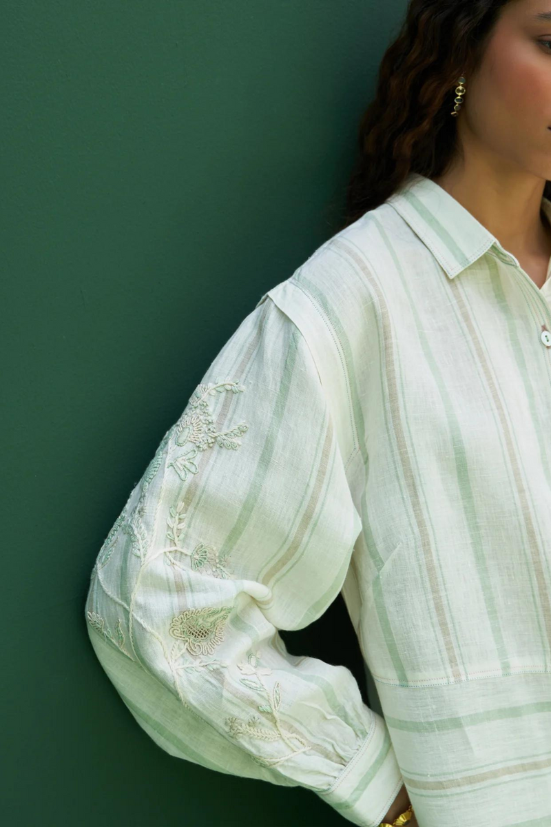 Akra Striped Linen Shirt
- Mint linen by Manan in mint color for women in Singapore