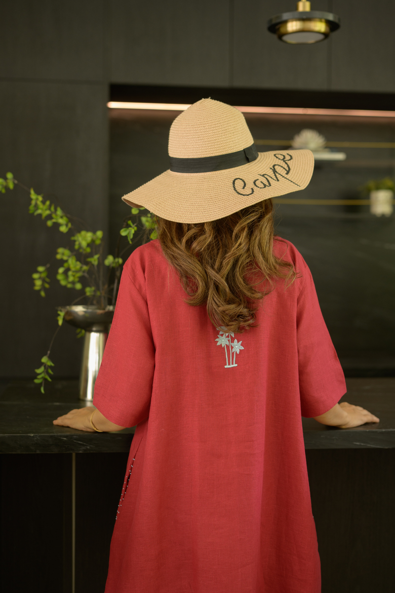 Sundown Palm Dress linen dress by Zanzibar Living in crimson red for women in Singapore