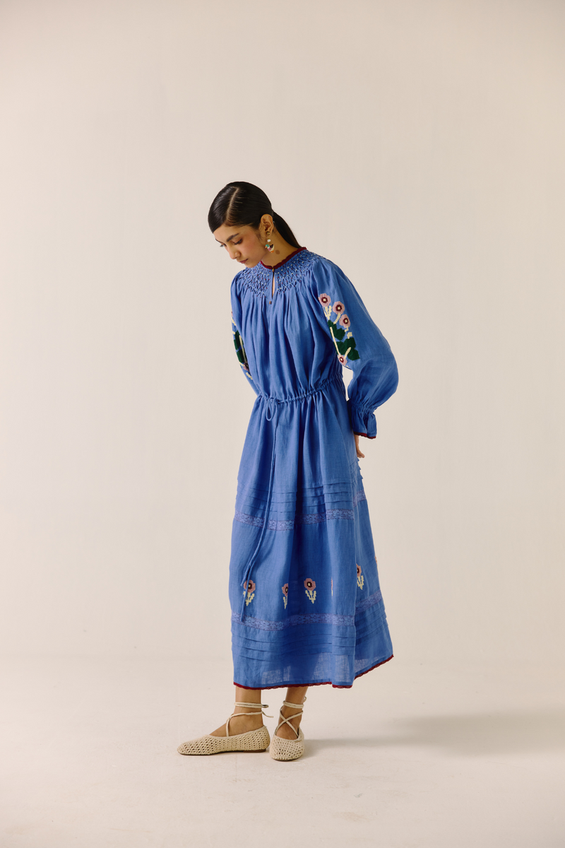 Edith Dress - Electric Blue Pixel Applique linen by CORD in blue for women in Singapore