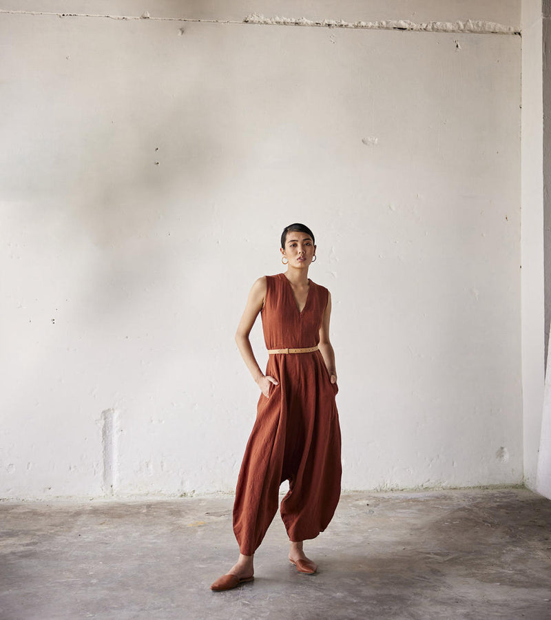Morning Glory Jumpsuit linen Jumpsuits by Khara Kapas in red for women in Singapore