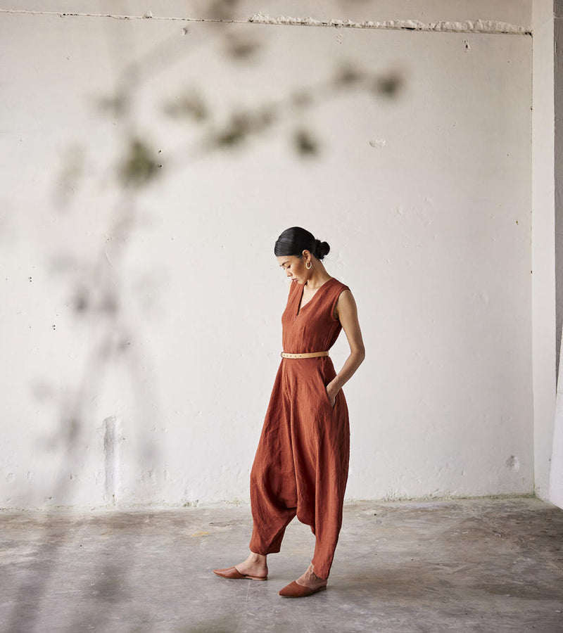 Morning Glory Jumpsuit linen Jumpsuits by Khara Kapas in red for women in Singapore