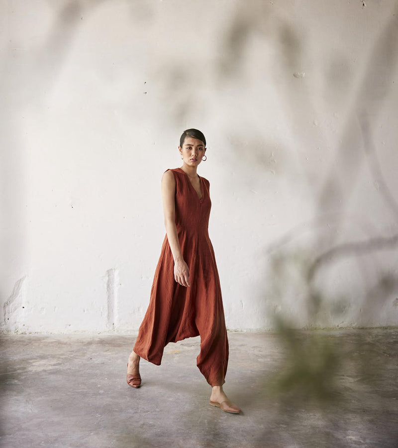 Morning Glory Jumpsuit linen Jumpsuits by Khara Kapas in red for women in Singapore