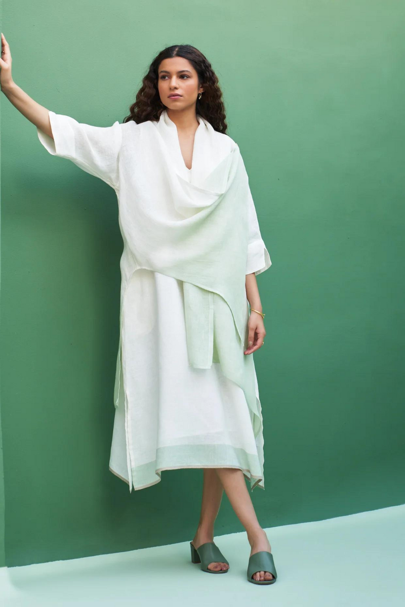 Jin Linen Dress With Overlay
- Ivory linen by Manan in ivory color for women in Singapore