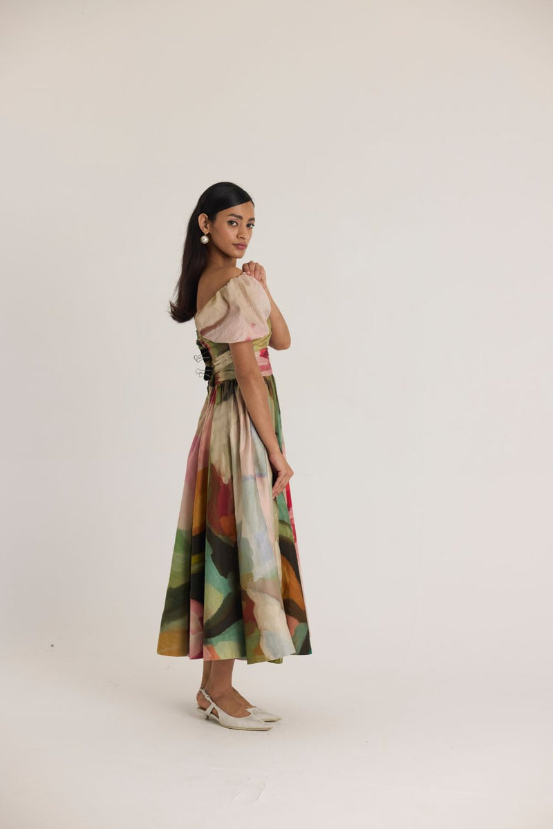 TILLY PUFF SLEEVE DRESS satin by Yam in multi color for women in Singapore