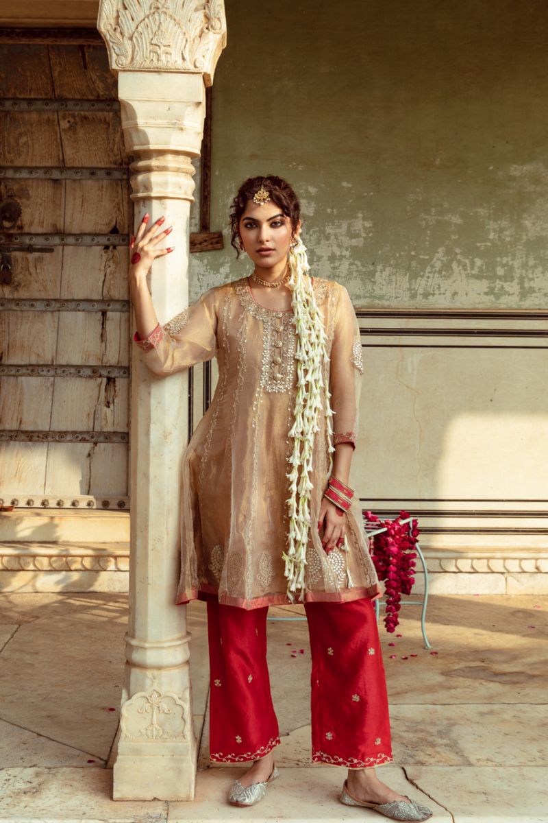 Golden Tissue Silk Kurta Set silk Buy Golden Tissue Silk Kurta Set from C&W | Kurta/Kurta Sets for Women by Maison Shefali in multi color for women in Singapore