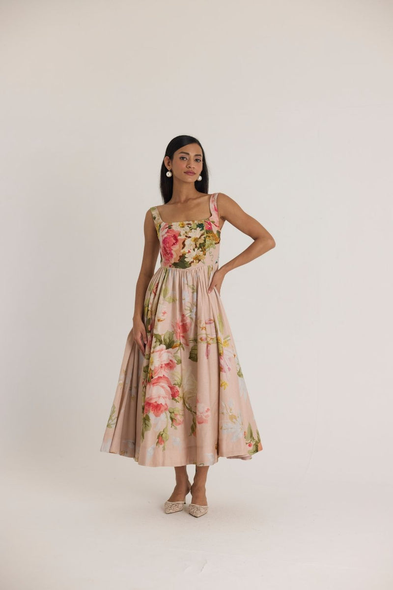 HAZEL EMBROIDERED DRESS satin by Yam in pink color for women in Singapore