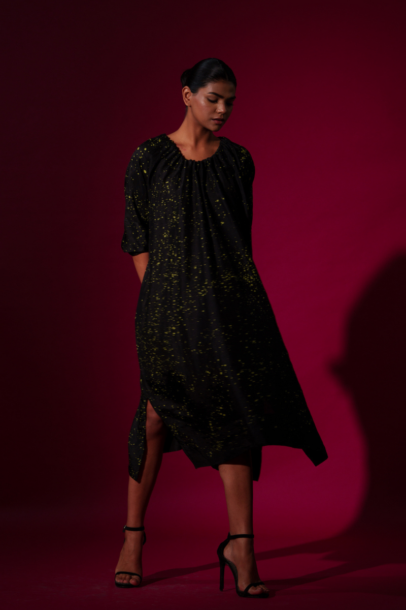 Duality Dress-Black + Leaf Green mysore silk dresses by Stoique in black, leaf green for women in Singapore