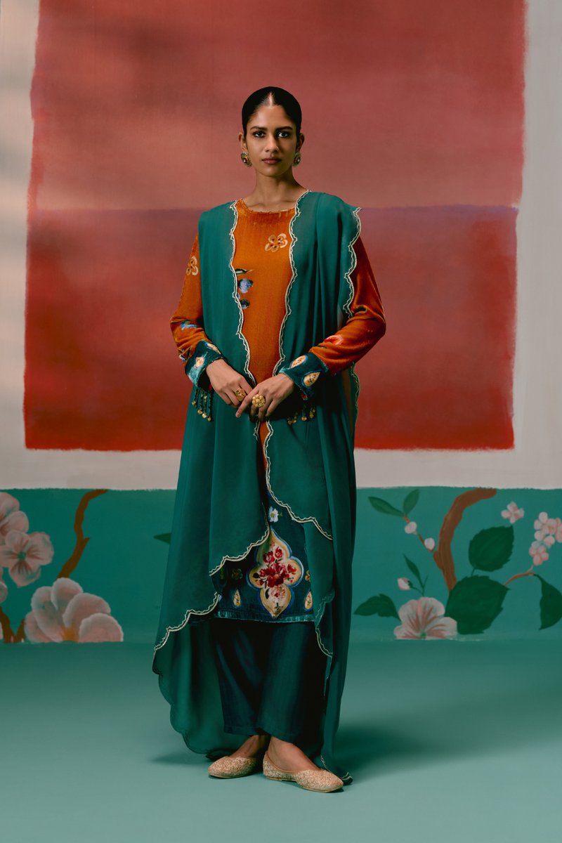 Mustard Teal Floral Velvet Kurta Set Buy Mustard Teal Floral Velvet Kurta Set from C&W | Kurta/Kurta Sets for Women by Label Mogra in mustard color for women in Singapore
