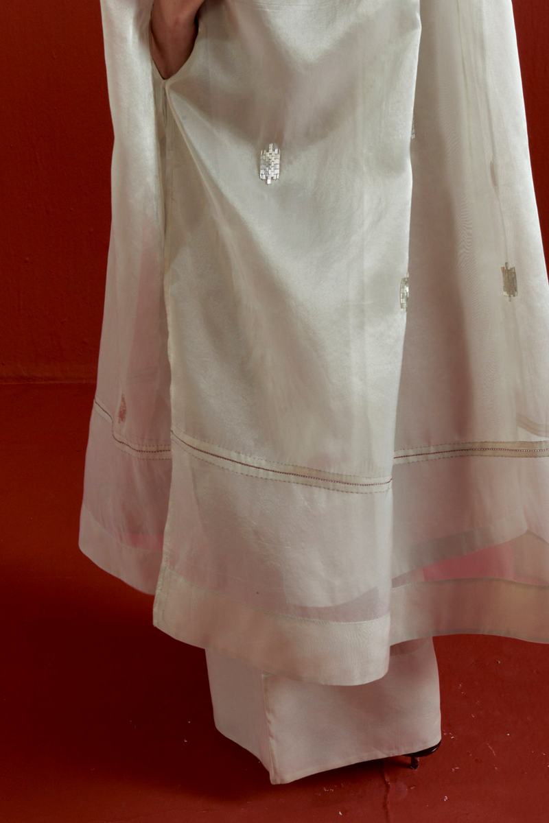 EMB. GATHER NECK SHIRT CO-ORD-METALLIC GREY tissue by THREE in grey color for women in Singapore