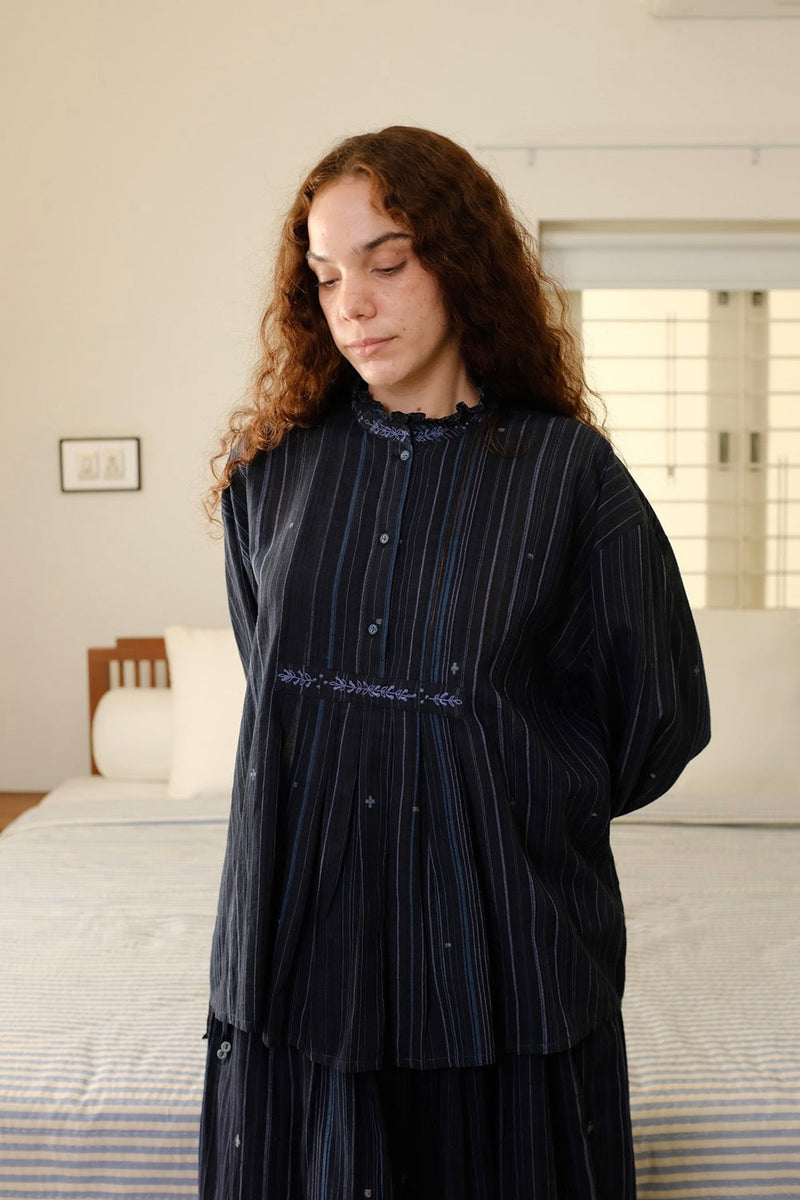 Clara Top cotton jamdani top/shirt by MASON AND MILL in blue for women in Singapore