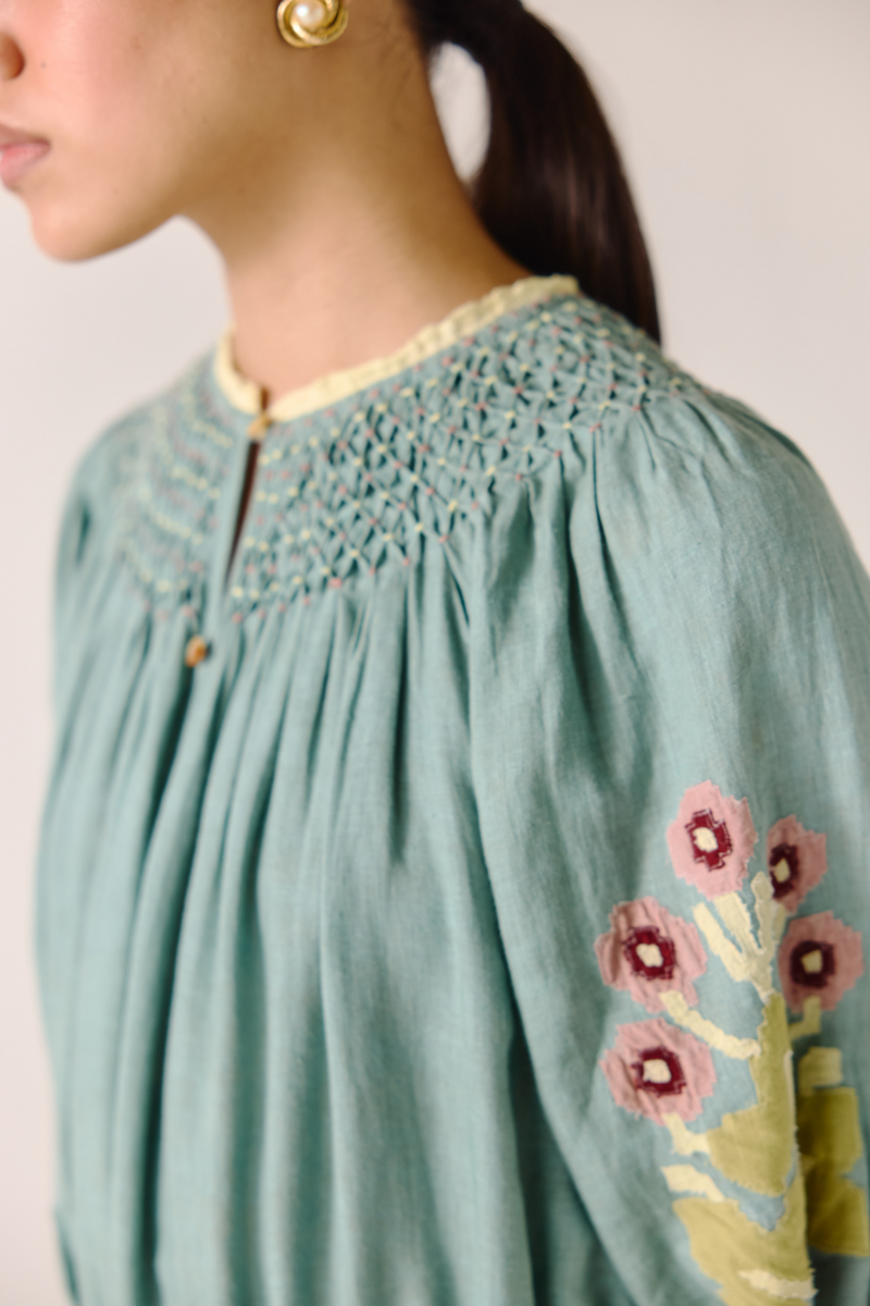 Edith Dress - Pale Blue Pixel Applique linen by CORD in blue for women in Singapore