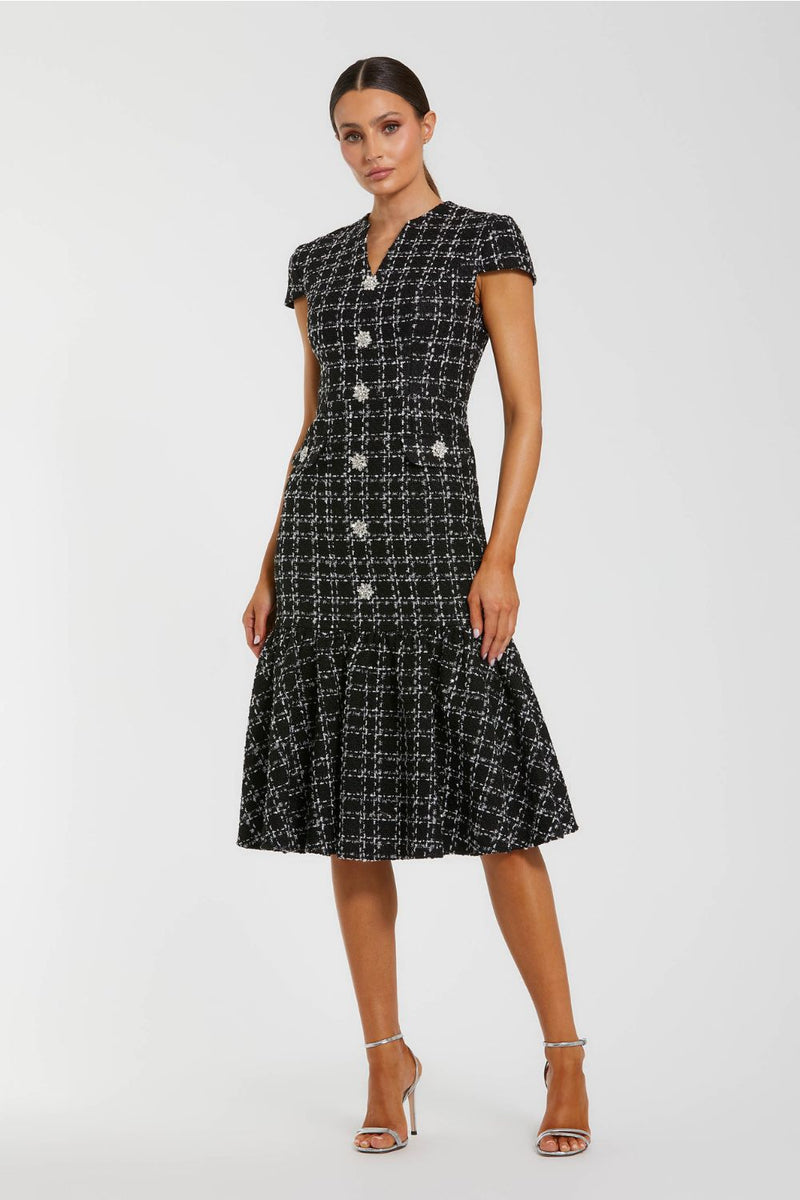 37071-Black Cap Sleeve Boucle A Line Midi Dress by Mac Duggal in silver color for women in Singapore
