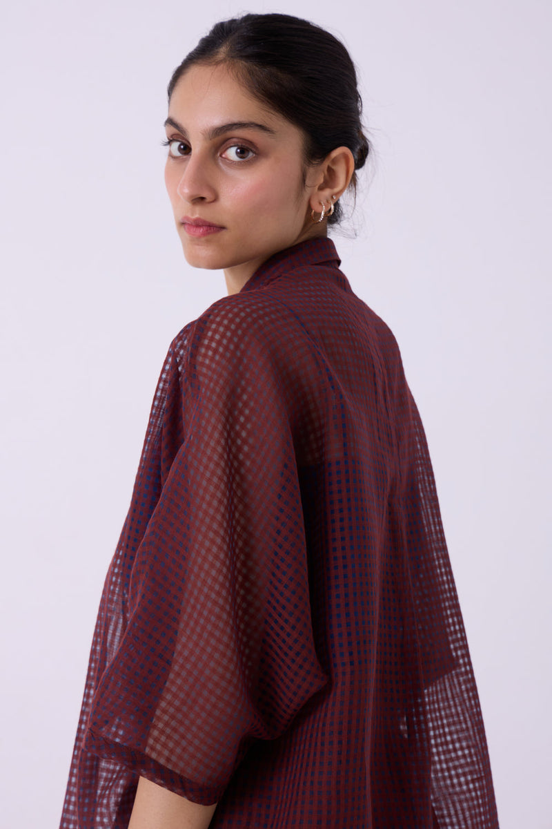 Zuri Blue Checkered HandwovenTop handwoven silk cotton top/shirt by The Summer House in blue for women in Singapore
