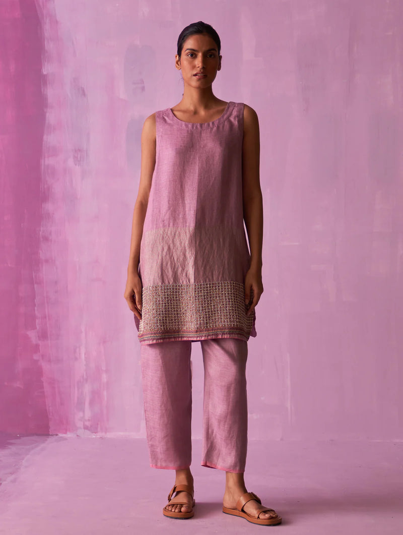 Irum Hand-Embroidered Sleeveless Kurta - Lavender linen by Manan for women in Singapore