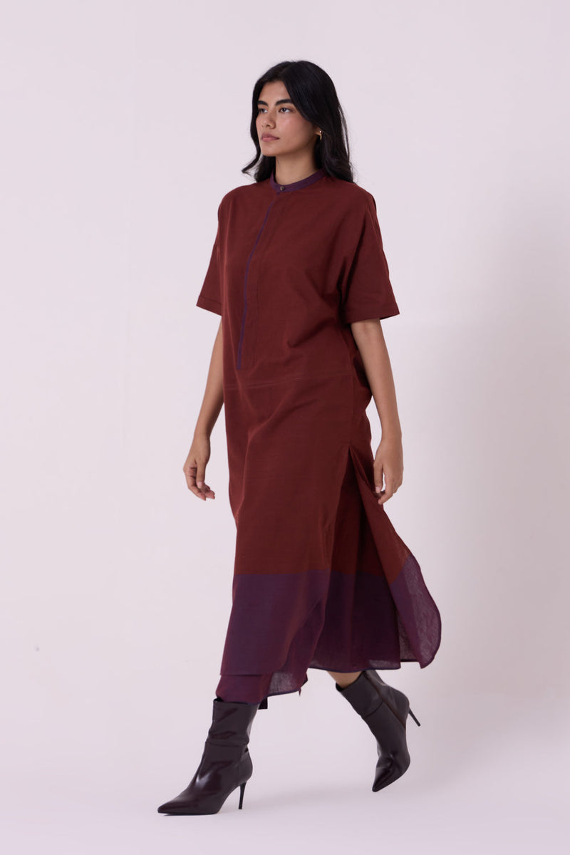Hane Brown Colourblocked HandwovenTunic handwoven cotton tunics/kaftan by The Summer House in brown for women in Singapore