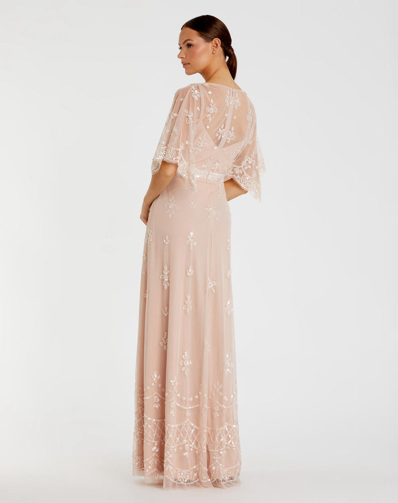 9144-Embelllished Bateau Cap Sleeve Column Gown by Mac Duggal in pink color for women in Singapore
