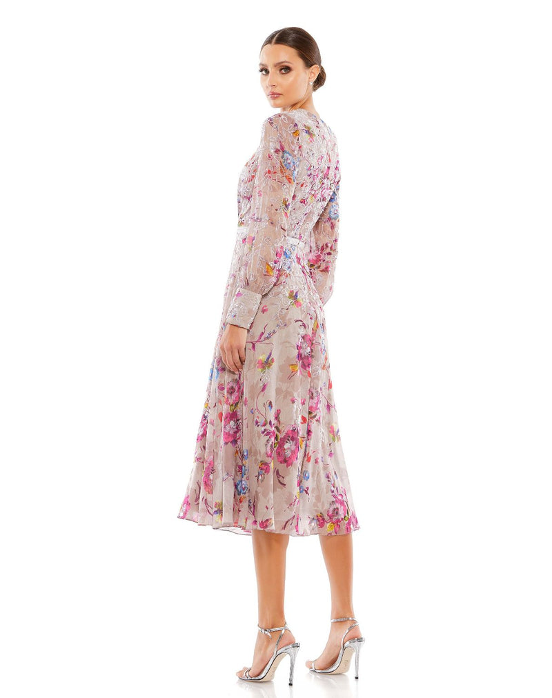 9147-Multicolor Hand Embellished Floral Long Sleeve Midi Dress mul by Mac Duggal in multi color for women in Singapore