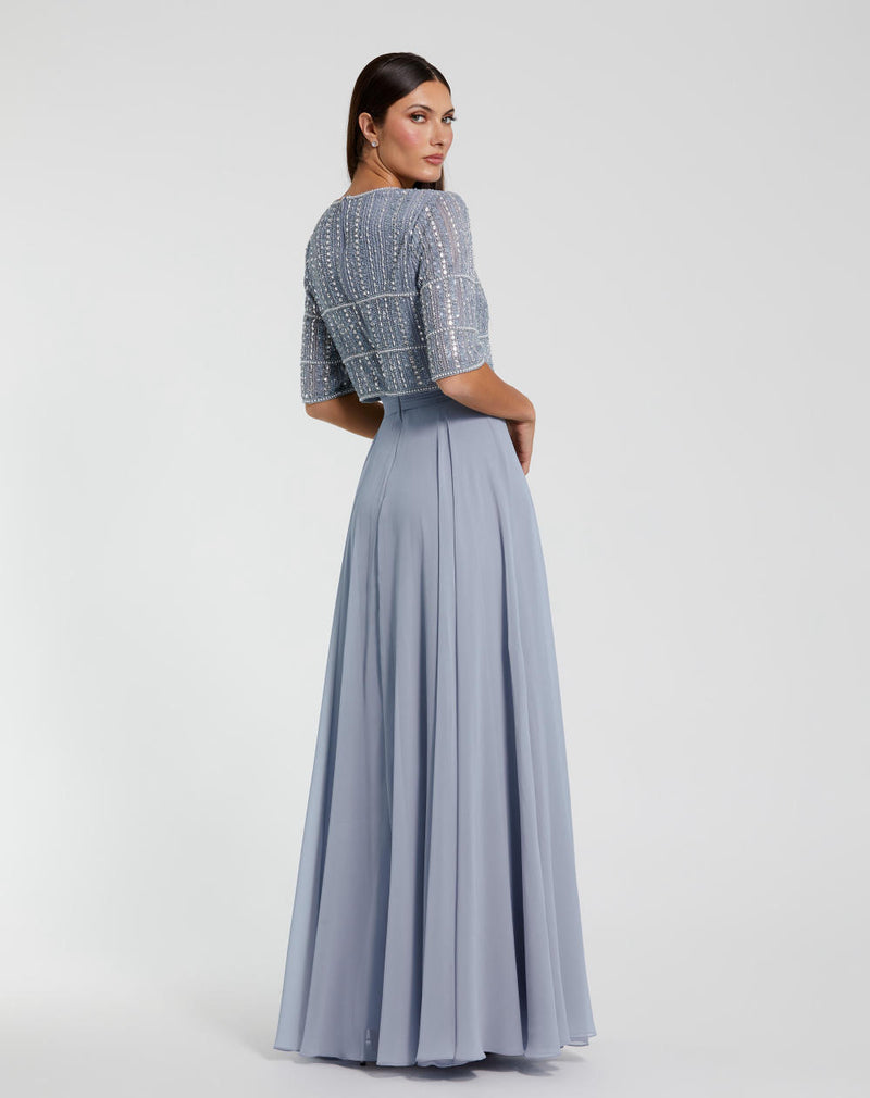 9180-Chiffon Gown w/ Fully Beaded 1/4 Sleeve Top by Mac Duggal in blue color for women in Singapore