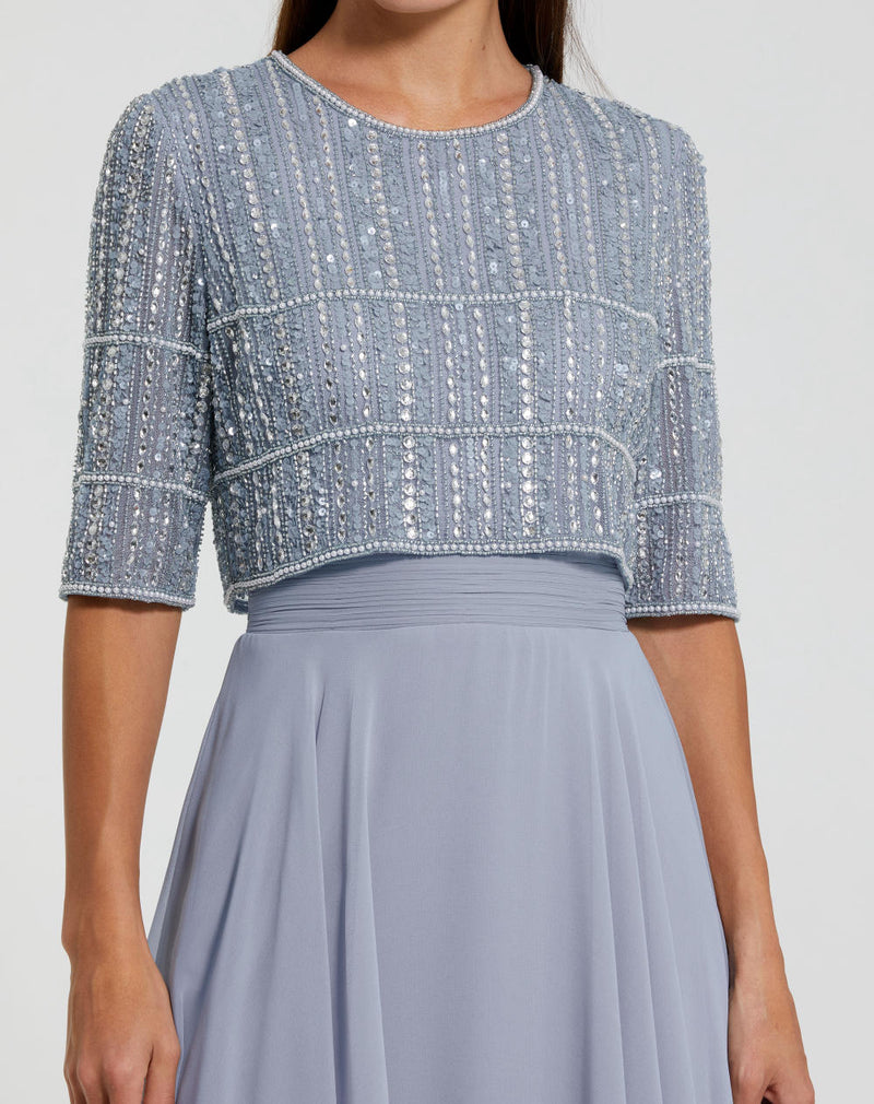 9180-Chiffon Gown w/ Fully Beaded 1/4 Sleeve Top by Mac Duggal in blue color for women in Singapore
