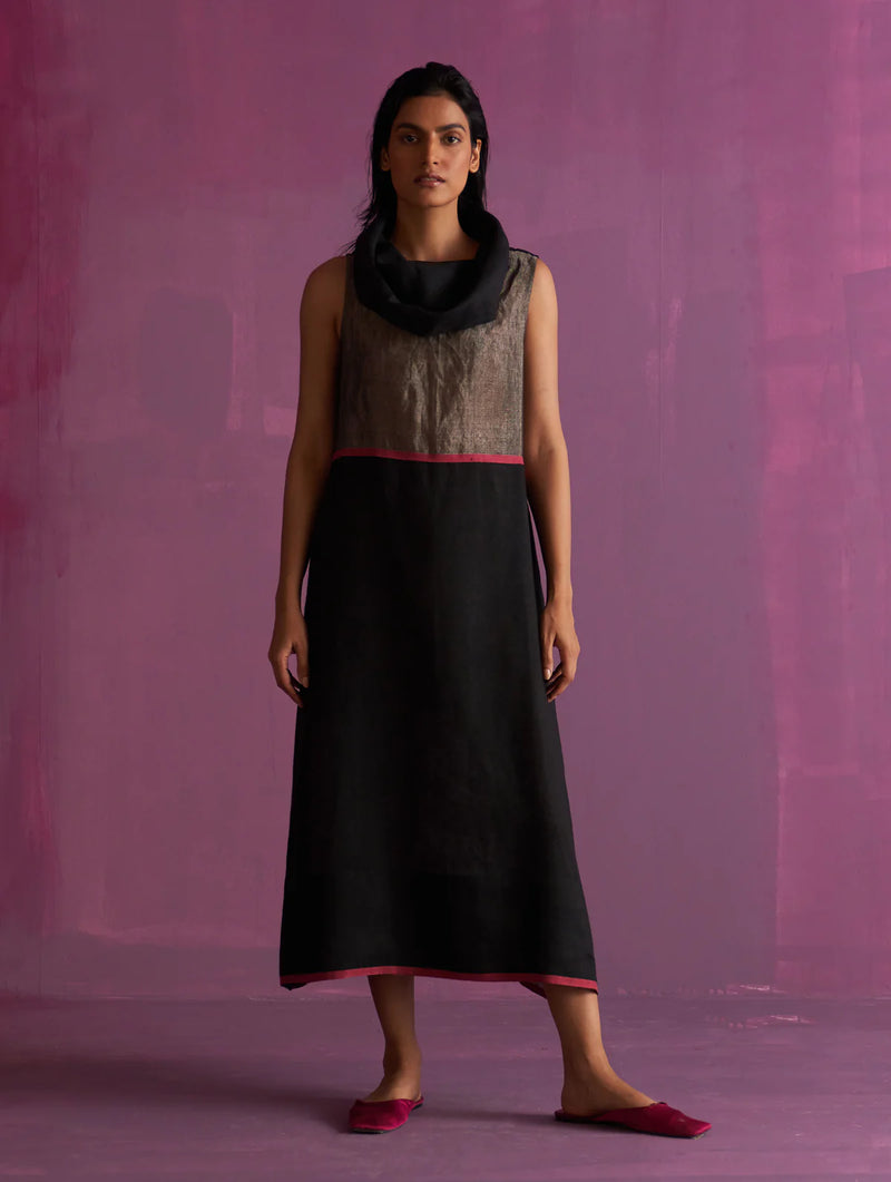 Shira Cowl Neck Dress - Black linen by Manan in black color for women in Singapore