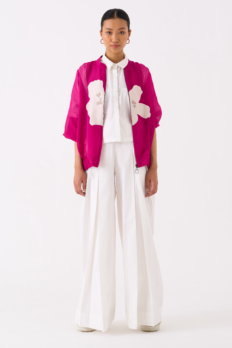FLORAL APPLIQUE BOMBER JACKET-FUSCHIA organza by THREE for women in Singapore