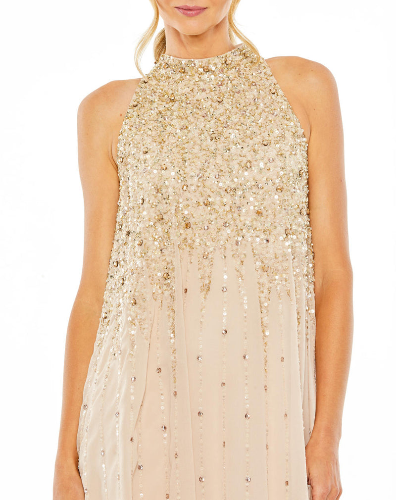 9225-High Neck Sleeveless Beaded Mesh Mini Dress by Mac Duggal in beige color for women in Singapore